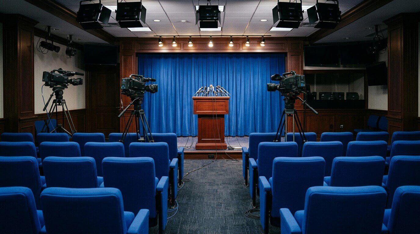 A press briefing room with a lectern between flags, blue curtains and cameras on tripods