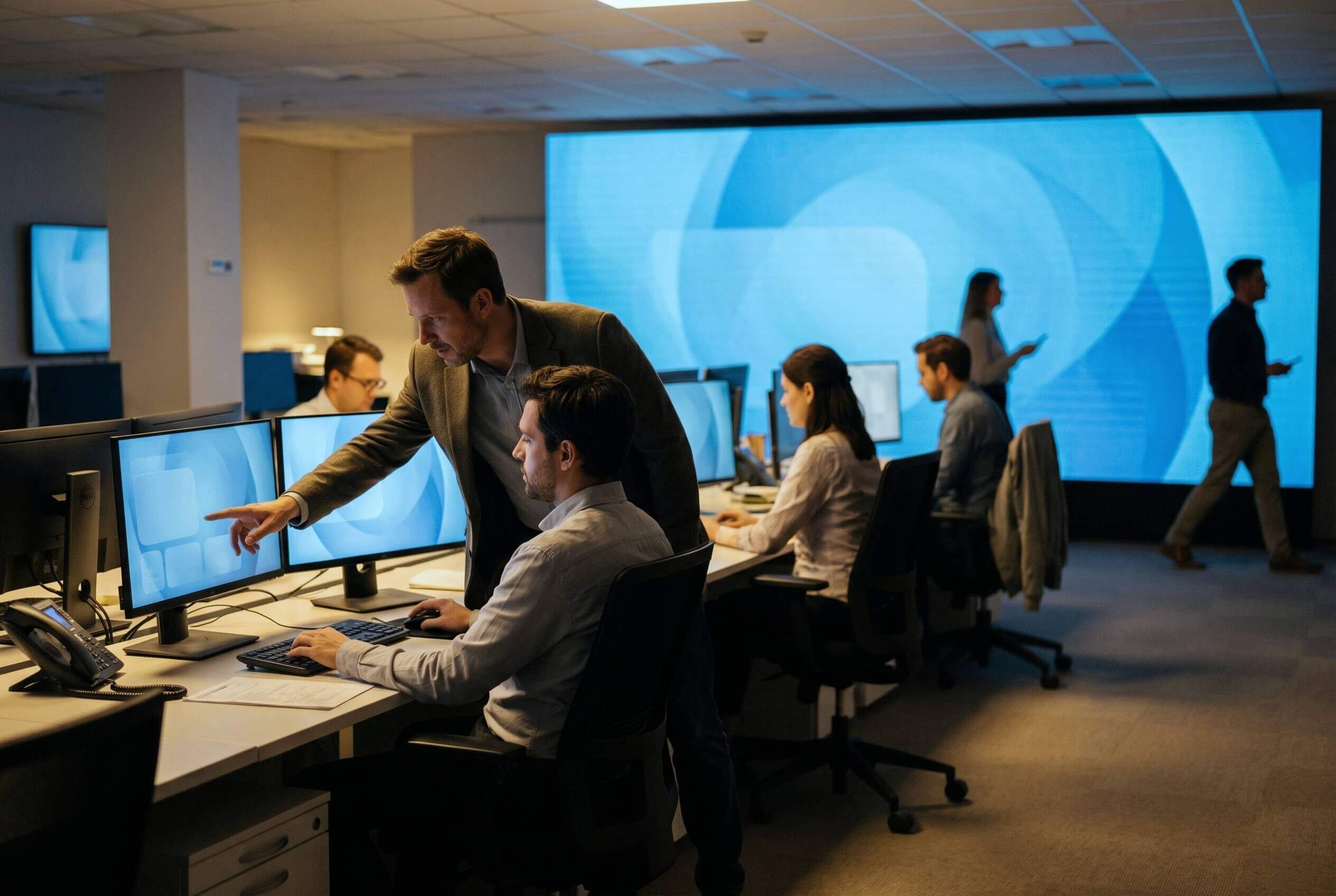 Journalists working late in a newsroom, a large screen glowing behind them