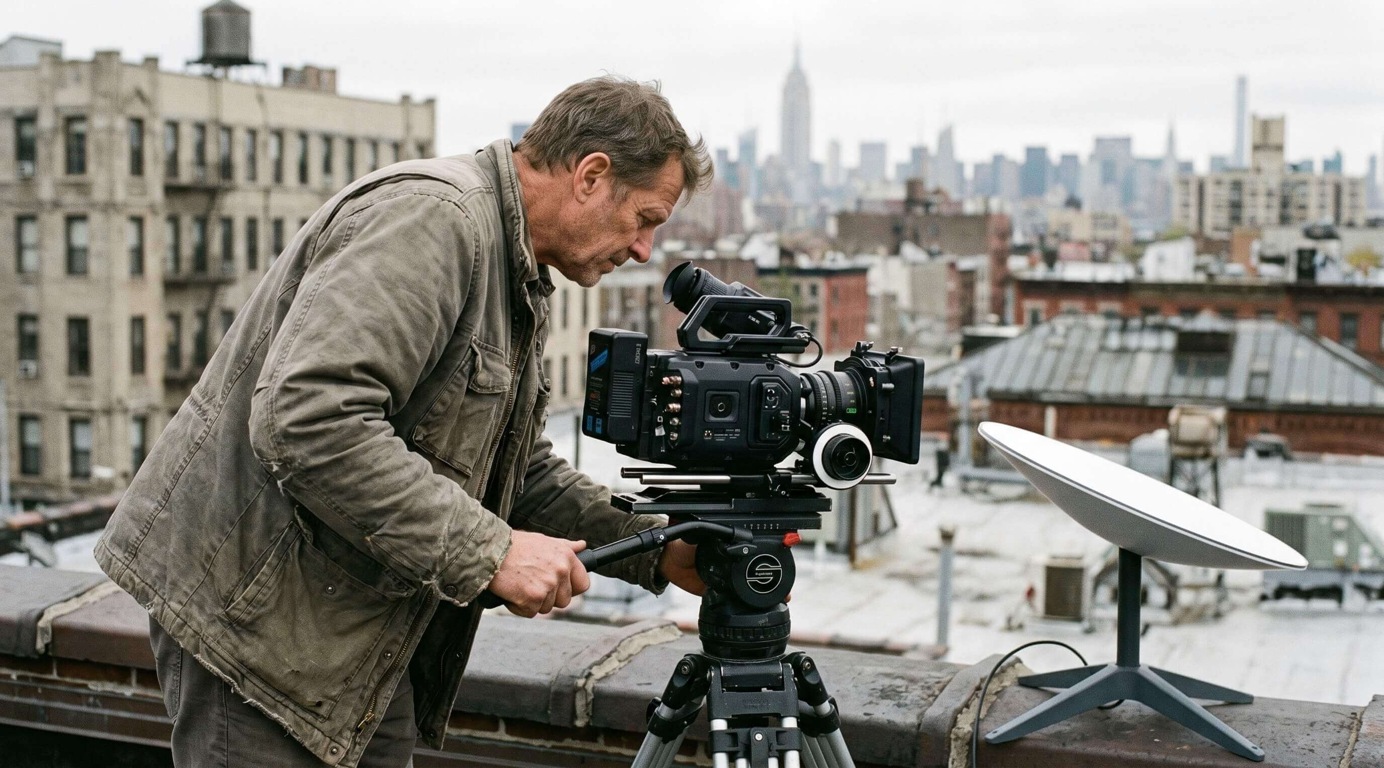 A camera operator setting up a broadcast camera on a city rooftop, a satellite dish beside him