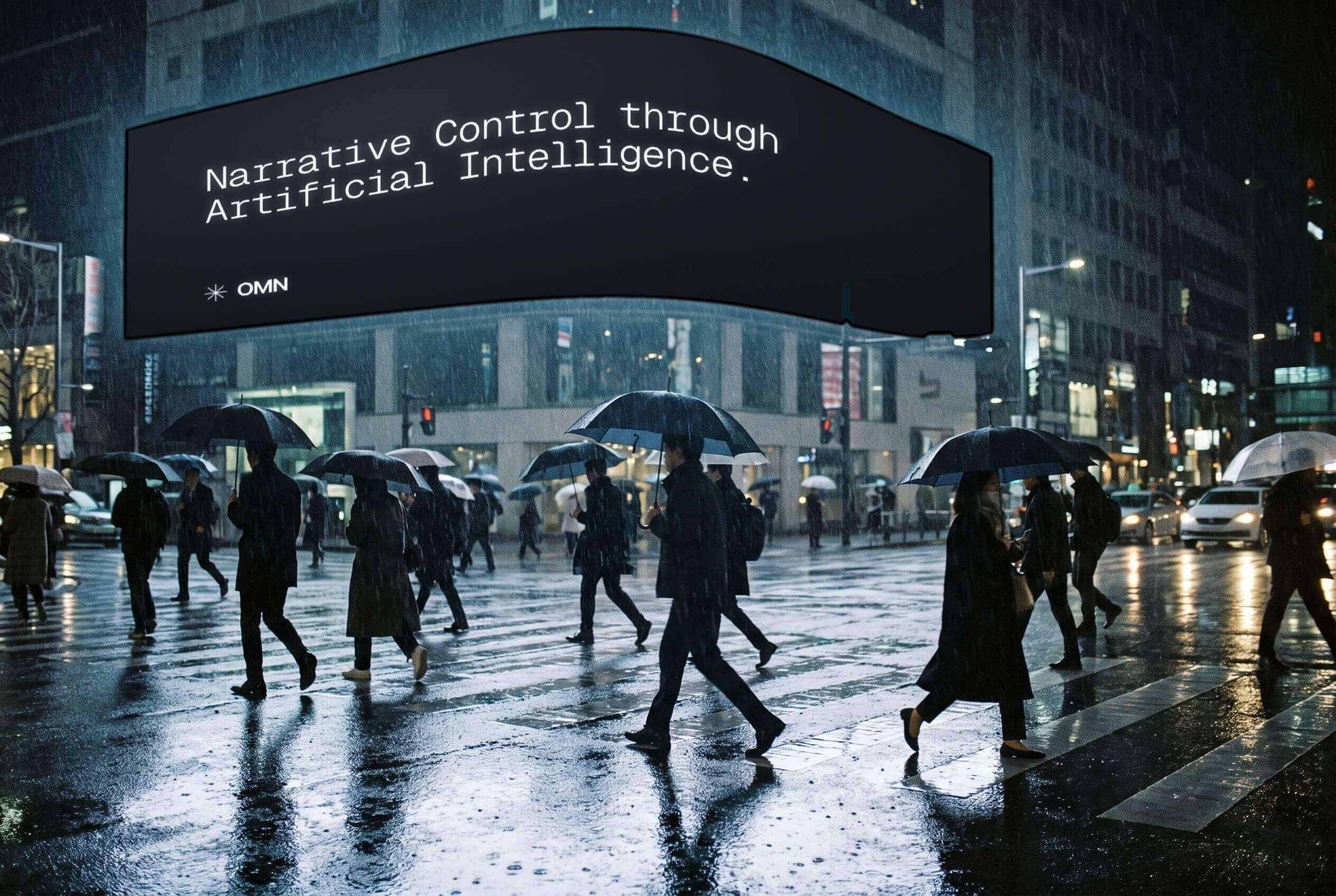 An LED billboard above a rainy city crossing at night showing the OMN line, pedestrians with umbrellas below