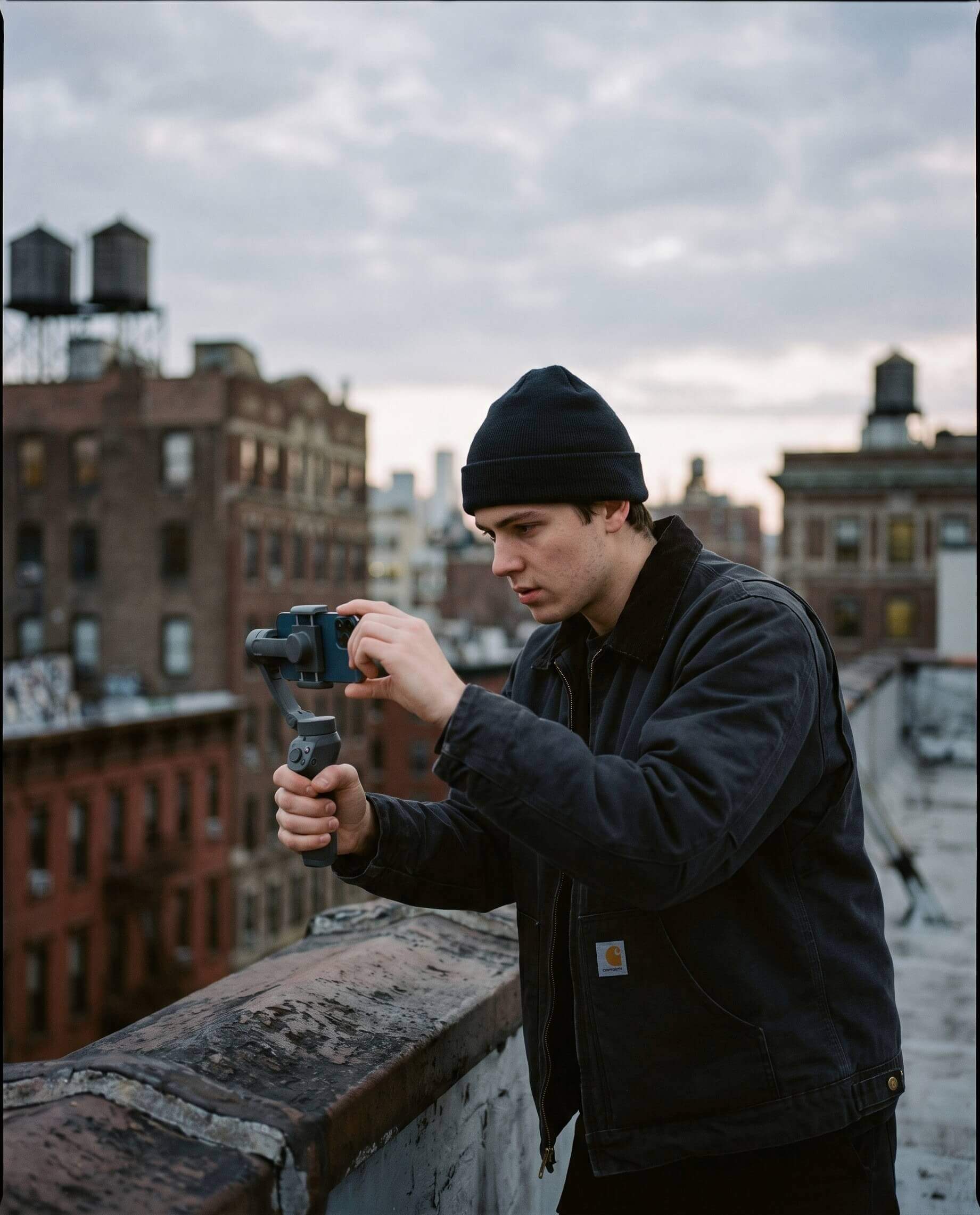 A creator on a city rooftop filming with a phone on a handheld gimbal