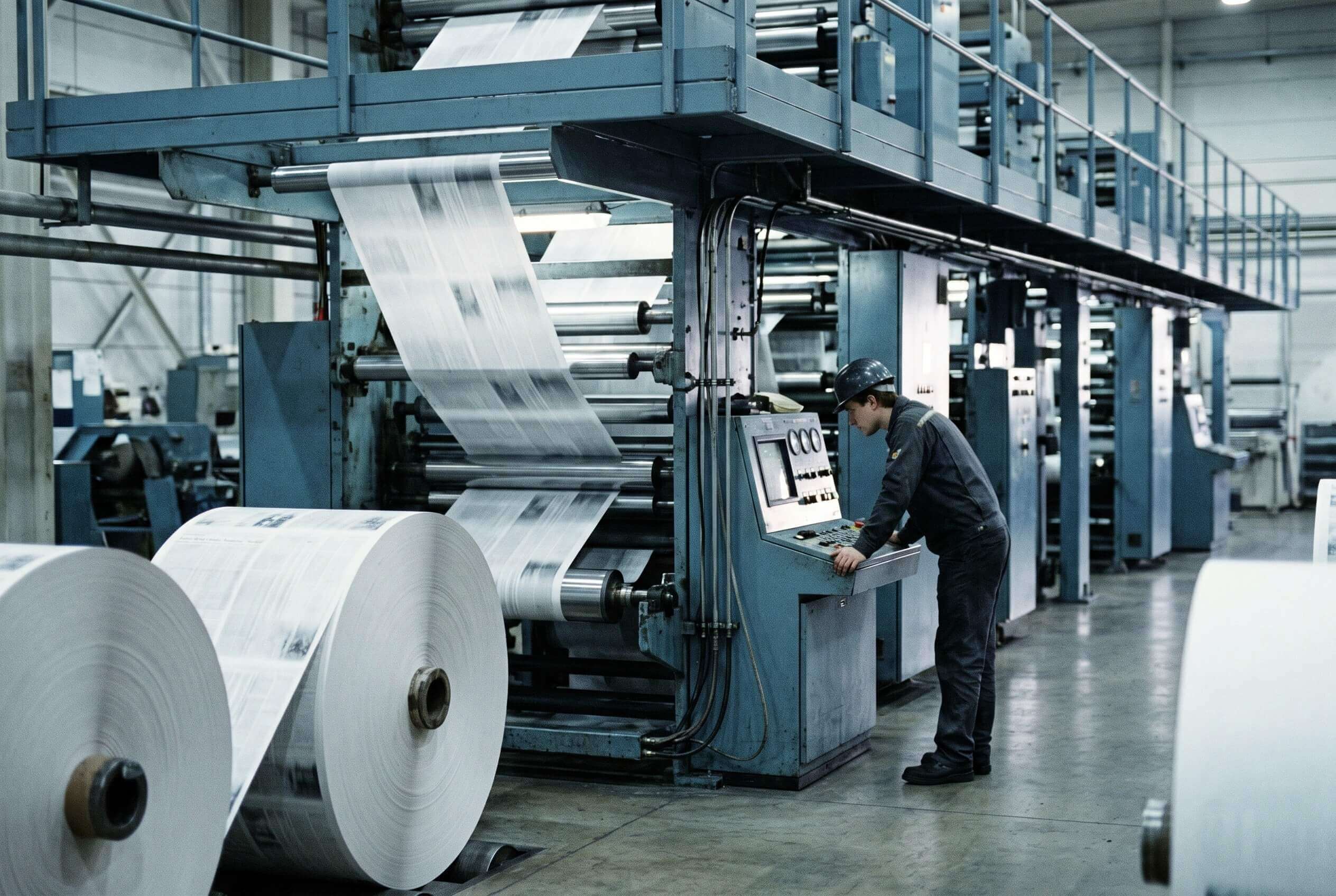 A modern newspaper press running at night, paper streaming through the rollers