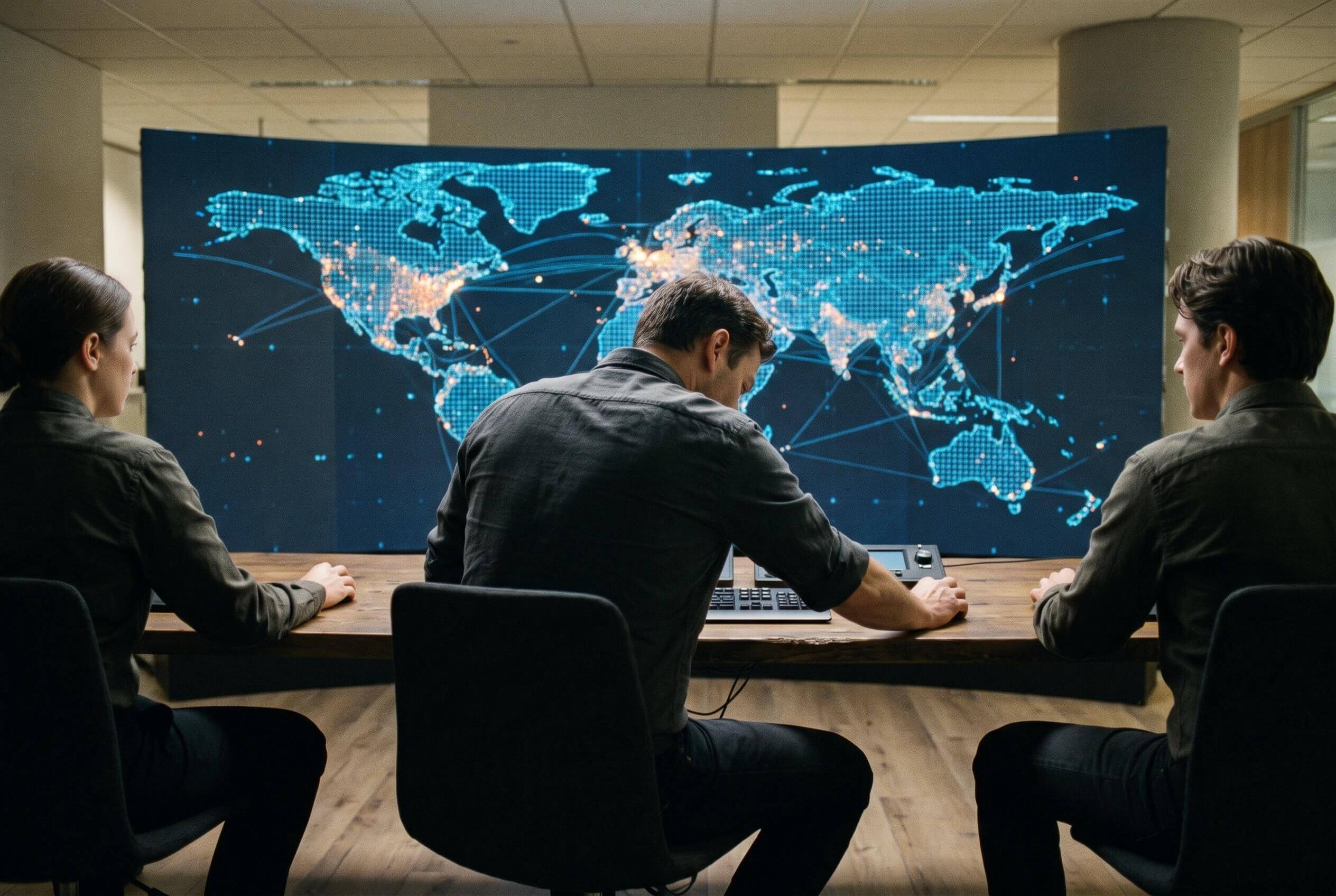 Three analysts at a table in front of a wall-sized world map with live data